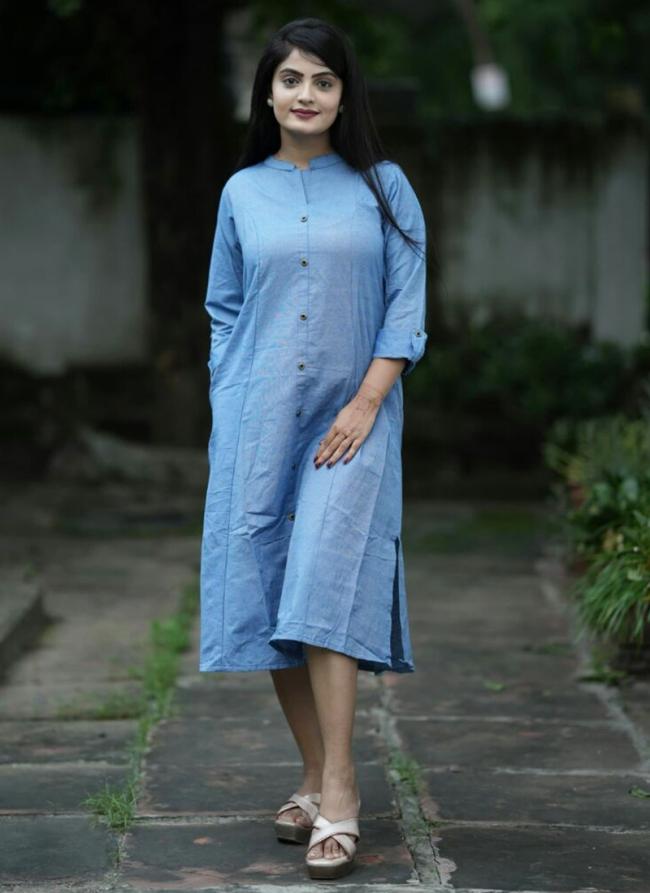 Cotton Blue Daily Wear Plain Readymade Dress